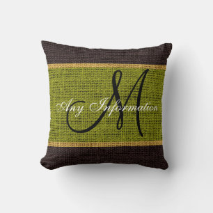Cojín Decorativo Jute de Burlap Rústico Verde Monograma