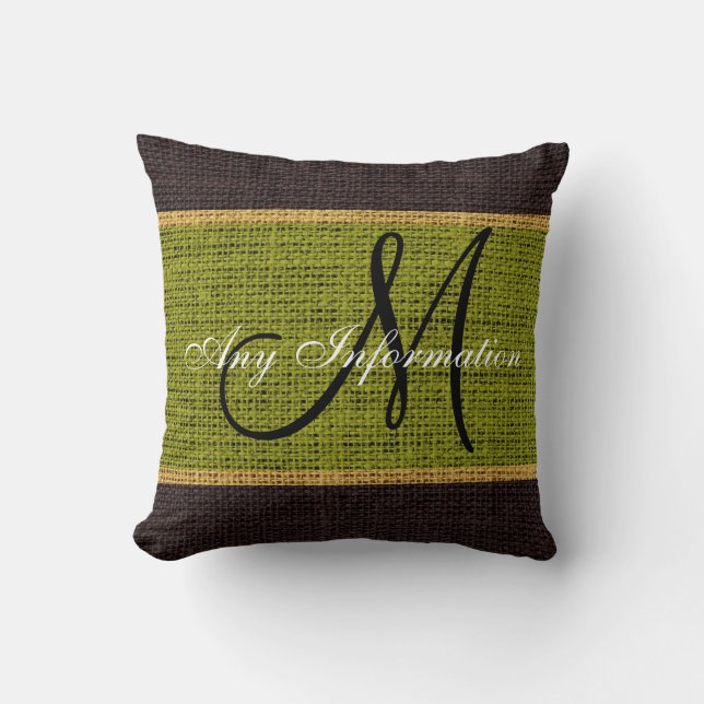 Cojín Decorativo Jute de Burlap Rústico Verde Monograma (Anverso)