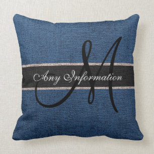 Cojín Decorativo Jute rústico monograma azul oscuro