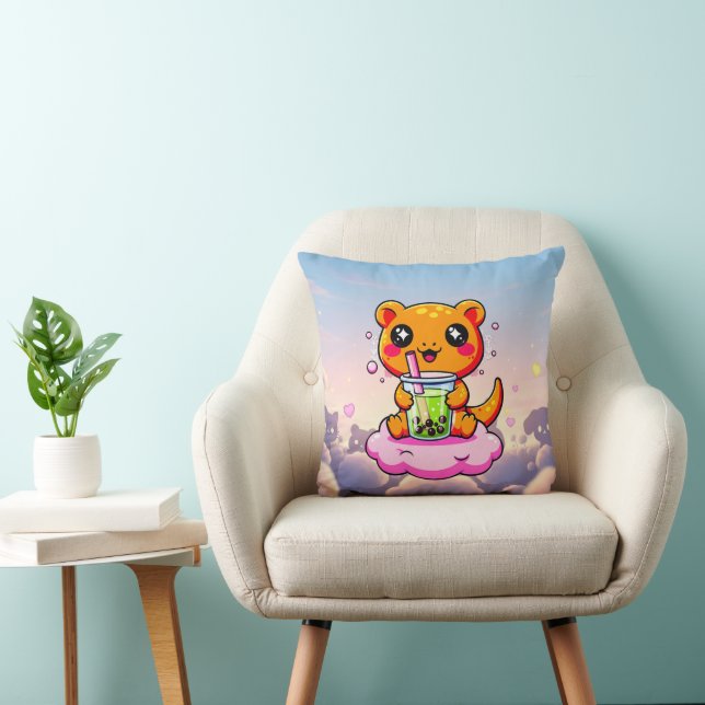 Cojín Decorativo Kawaii Axolotl Drinking Pink Boba Tea Cute Pillow (Silla)