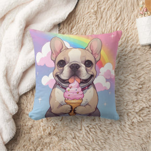 Cojín Decorativo Kawaii Bulldog francés helado arcoiris