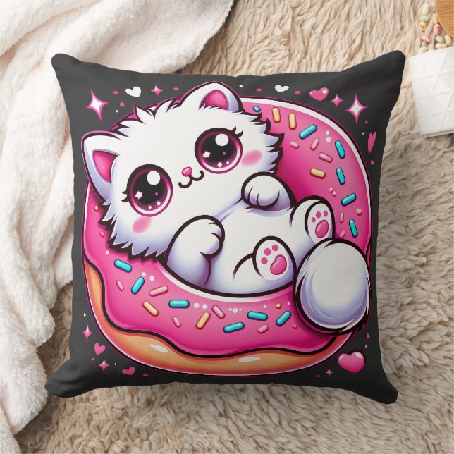 Cojín Decorativo Kawaii Cat Donut - Anime Lover Otaku Cute Throw Pi (Manta)