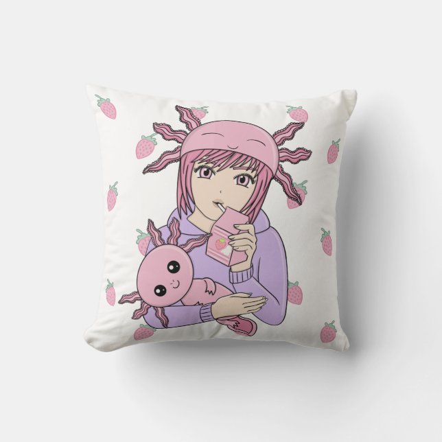 Cojín Decorativo Kawaii Cute Axolotl Fresa Anime (Anverso)