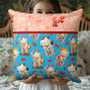 Cojín Decorativo Kawaii Maneki Neko   Estilo Kimono Azul Floral