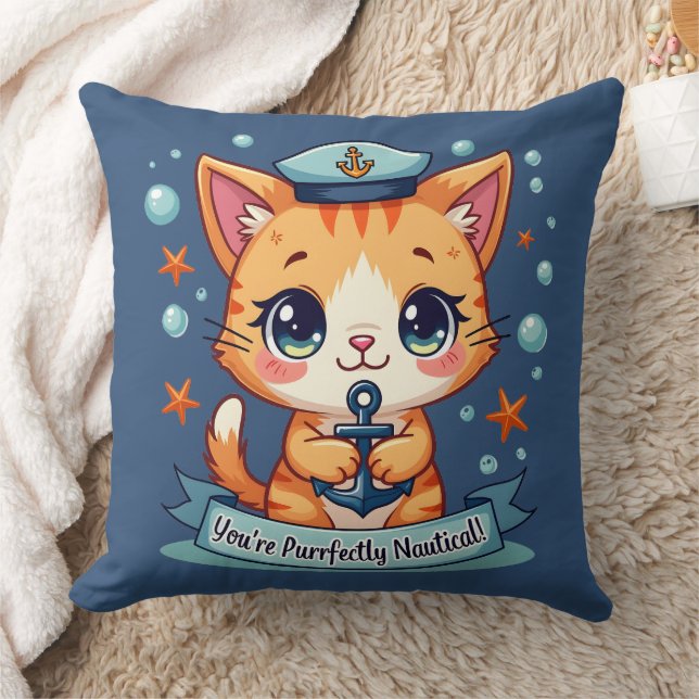 Cojín Decorativo Kawaii Nautical Cat Vela Anchor Pun (Manta)
