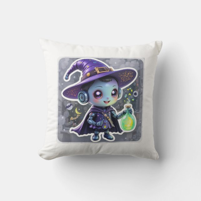 Cojín decorativo Kawaii Robot Witch Halloween (Anverso)
