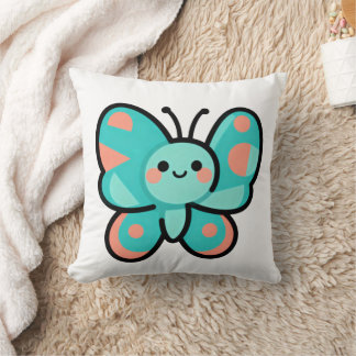 Cojín Decorativo Kawaii Teal Butterfly Happy Face Cartoon Art
