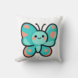 Cojín Decorativo Kawaii Teal Butterfly Happy Face Cartoon Art