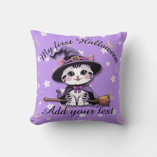 Cojín Decorativo Kawaii Witch Cat – Halloween Throw Pillow (Anverso)