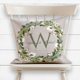 Cojín Decorativo Keepsake, Boda de monograma verde de la flor rusa