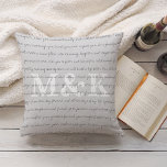 Cojín Decorativo Keepsake de la promesa de boda personalizada<br><div class="desc">El boda creativo promete mantener la almohada lanzar el sake en gris pálido muestra tus iniciales en blanco, con tus votos bodas superpuestos en letras manuscritas. Pega los votos de su boda en el campo de plantilla y, a continuación, haga clic en "personalizar más adelante", donde puede ajustar las fuentes...</div>