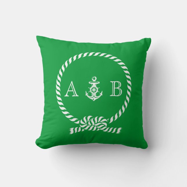 Cojín Decorativo Kelly Green Nautical Rope y Anchor Monograma (Anverso)