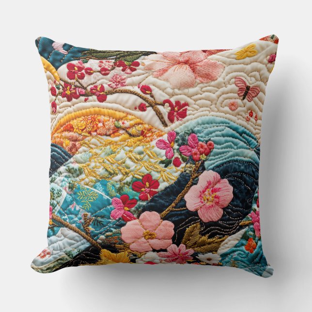 Cojín Decorativo Kimono de Patchwork Japonés Falso Acolchado (Anverso)