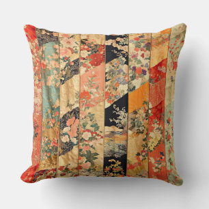 Cojín Decorativo Kimono Floral Vintage de Patchwork Naranja y Negro