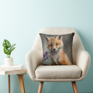 Cojín Decorativo Kit de Fox Adorable Holding Flores de Lavanda