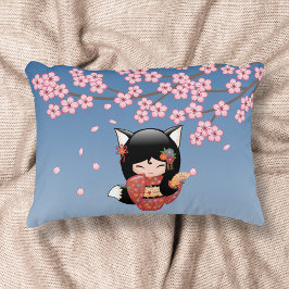 Cojín Decorativo Kitsune Kokeshi Doll - Chica negro Fox Geisha