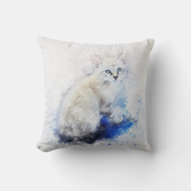 Cojín Decorativo Kitten blanco acuarela (Anverso)