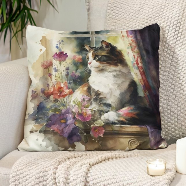 Cojín Decorativo Kitten Cat Purple Flowlight Ventana Luz solar (Pillow with the watercolor painting of a cat sitting in the sunshine)