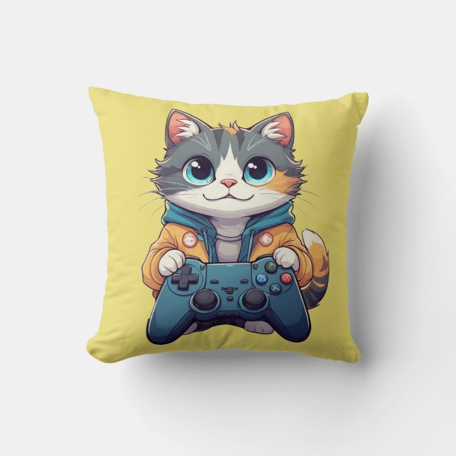 Cojín Decorativo Kitten Holding Game Controller Smiling Gamer Cat (Anverso)