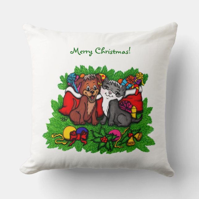 Cojín Decorativo Kitty and Puppy , Happy XMas (Anverso)