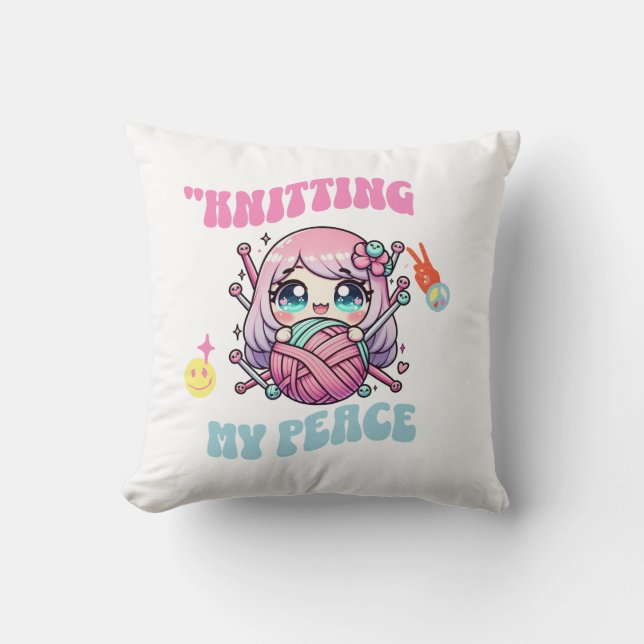 Cojín Decorativo Knitting My Peace – Kawaii mindful design for knit (Anverso)