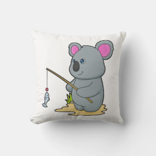 Cojín Decorativo Koala como pescador con caña de pescar y pez