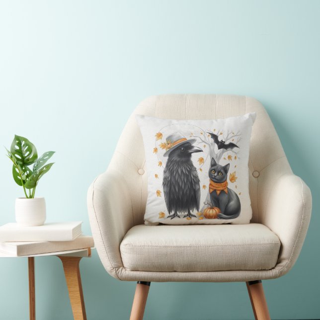 Cojín Decorativo Krähe und Katze Halloween Herbst Crow  (Silla)