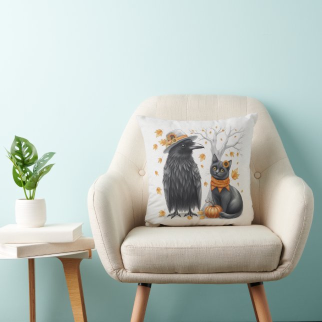 Cojín Decorativo Krähe und Katze Herbst Thanksgiving Crow  (Silla)