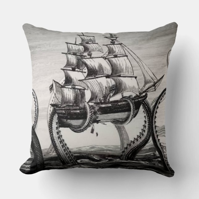 Cojín Decorativo Kraken/pulpo Eatting un barco pirata, negro/blanco (Anverso)