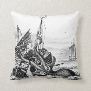 Cojín Decorativo Kraken/pulpo Eatting un barco pirata, negro/blanco
