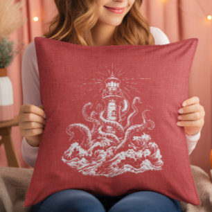 Cojín Decorativo Kraken tragándose un faro en lino rojo