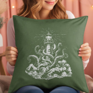 Cojín Decorativo Kraken tragándose un faro en lino verde