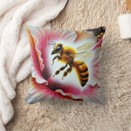 Cojín Decorativo La abeja poliniza una flor hibiscus floreciente