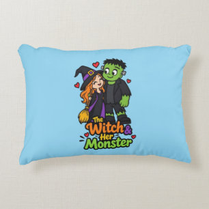 Cojín Decorativo La Bruja y Su Monstruo Lindo Pareja de Halloween T