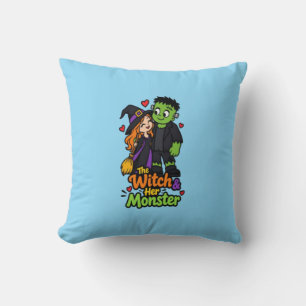 Cojín Decorativo La Bruja y Su Monstruo Lindo Pareja de Halloween T