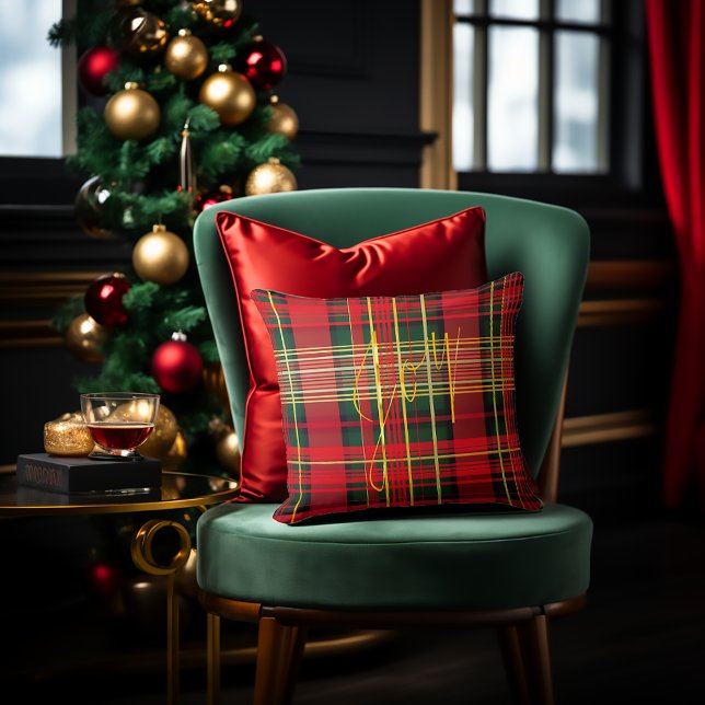 Cojín Decorativo La caligrafía festiva de tartán "alegría" decorati (Christmas Decor, Classic Christmas Tartan 'Joy' Script Decorative Throw Pillow, Red and Green )