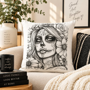 Cojín Decorativo La Catrina Sugar Skull Mujer Día de Muertos Flora