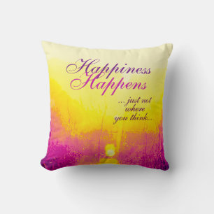Cojín Decorativo "La felicidad ocurre" Diseño amarillo y magenta