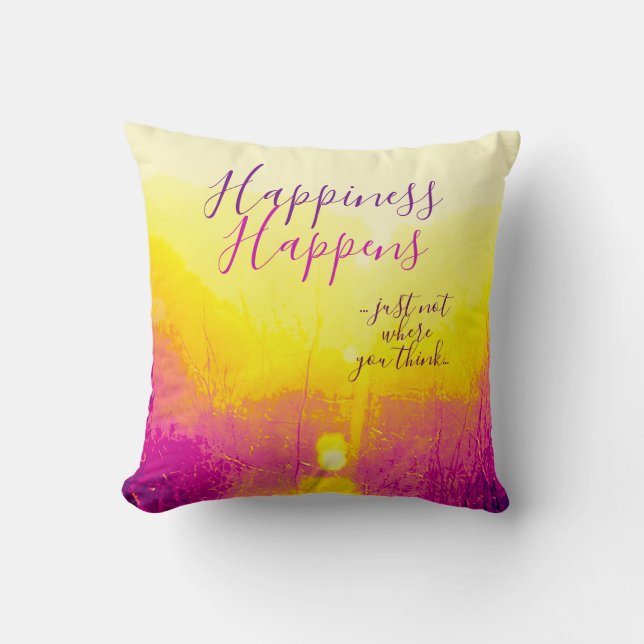 Cojín Decorativo "La felicidad sucede" Amarillo, Magenta Motif (Anverso)