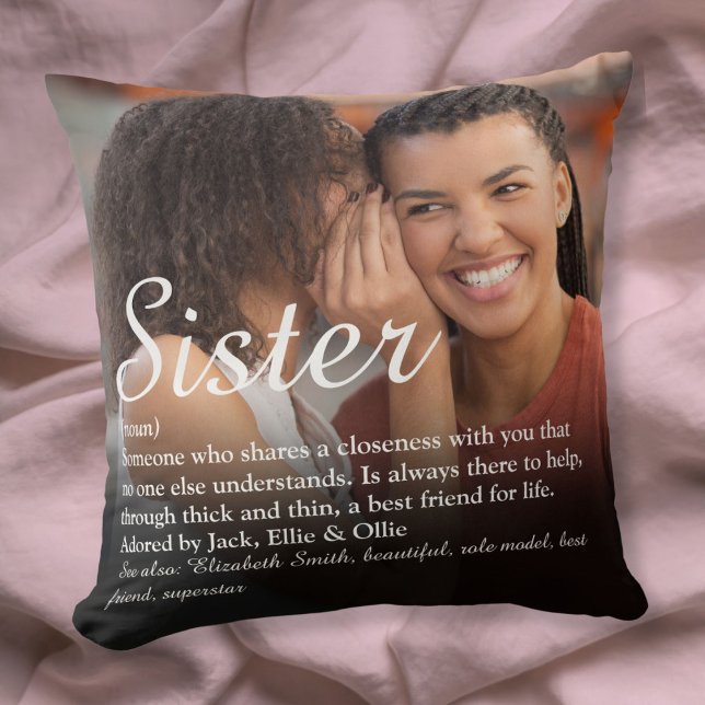 Cojín Decorativo La mejor definición de hermana con elegante escrit (Best Ever Sister Definition Elegant Script Photo Throw Pillow)