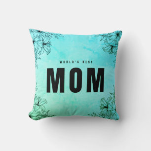 Cojín Decorativo La mejor mamá del mundo florece azul rústico negro