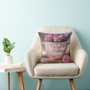 Cojín Decorativo La Mejor Mamá del Mundo: Taza de Té Rosa Llena de