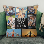 Cojín Decorativo LA MEJOR PADRE QUE HAYA 7 Collage de fotos Tu colo<br><div class="desc">Cree una almohada de recuerdo fotográfico para el MEJOR PAPÁ DE LA HISTORIA USANDO esta plantilla fácil de cargar para la universidad de fotos con 7 fotos familiares o niños contra un color de fondo negro editable que puede cambiar para coordinar con su decoración doméstica. Personalice con nombres o texto...</div>