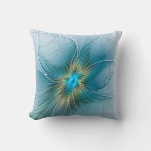 Cojín Decorativo La pequeña flor fractal azul moderna belleza dorad