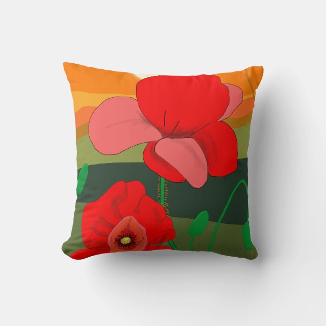 Cojín Decorativo La pradera de amapola al atardecer (Anverso)