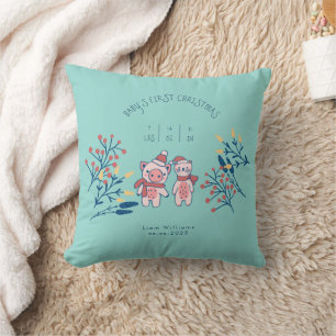 Cojín Decorativo La primera Navidad de bebé cerdo y oso lindos