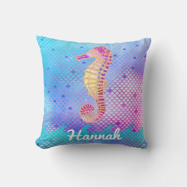 Cojín Decorativo La sirena del Seahorse escala nombre azul rosado (Anverso)