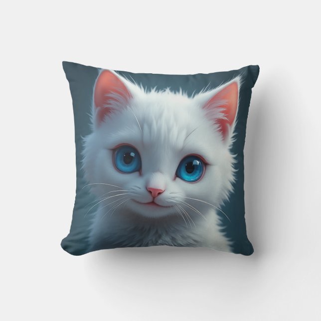 Cojín Decorativo La sonrisa de un gato blanco con ojos azules (Anverso)