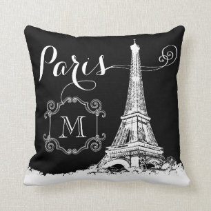 Cojín Decorativo La Torre Eiffel de París Monogramada en blanco y 