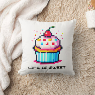 Cojín Decorativo La vida es dulce - Cute Pixel Art Cupcake Diseño